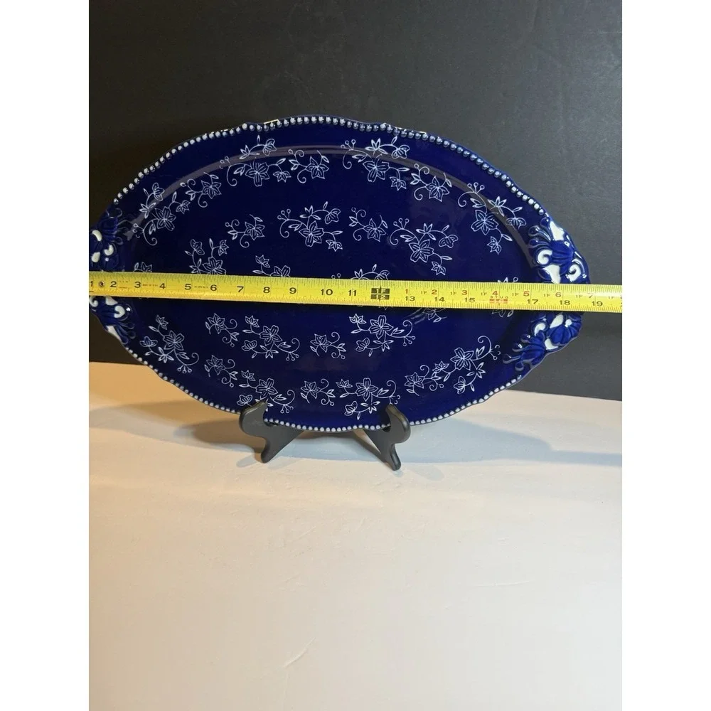 Temp-tations by Tara Floral Lace Cobalt Blue Oval Serving Platter 18.5